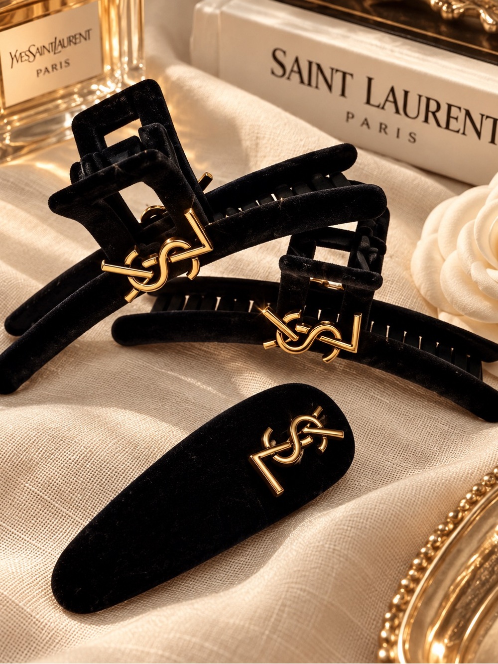 Saint Laurent Inspired YSL Black Velvet Gold Logo Hair Clip Barrette or Claw